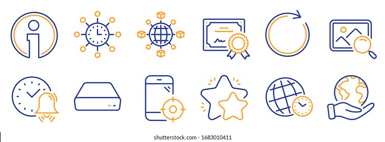 Set of Technology icons, such as Seo phone, Time zone. Certificate, save planet. Star, Search photo, Logistics network. Info, Synchronize, Alarm bell. World time, Mini pc line icons. Vector