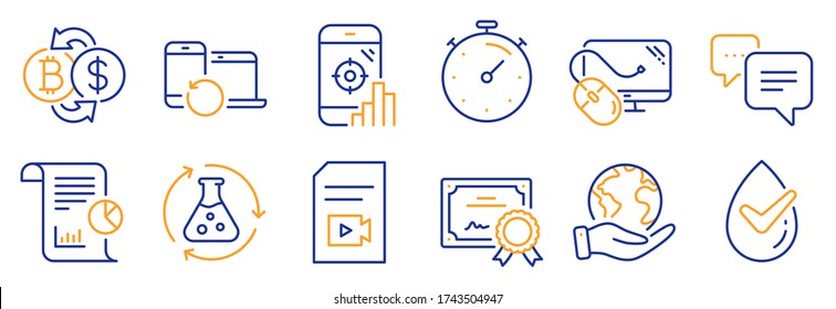 Set of Technology icons, such as Seo phone, Dots message. Certificate, save planet. Bitcoin exchange, Report, Computer mouse. Chemistry experiment, Dermatologically tested, Video file. Vector