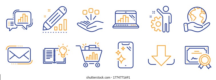 Juego de iconos de la tecnología, como Seo shopping, Messenger mail. Certificado, salva el planeta. Smartphone limpio, descarga, conocimiento del producto. Gráfica portátil, Empleado, Editar estadísticas. Vector