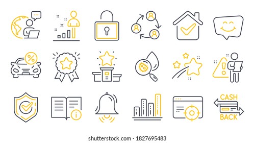 Juego de íconos de tecnología, como el ataque Seo, el arrendamiento de coches, símbolos de estadísticas. Campana de reloj, bloqueo, señalización de información técnica. Estrella de clasificación, análisis de agua, trabajo en equipo. Sonreír, Confirmado. Vector