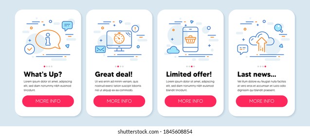 Juego de iconos de tecnología, como temporizador Seo, compra de Smartphone, símbolos de información. Banners de simulación de pantalla móvil. Iconos de la línea de carga en la nube. Analítica, compra de sitios web, Centro de información. Vector