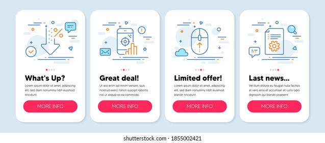Set of Technology icons, such as Seo phone, Swipe up, Low percent symbols. Mobile screen mockup banners. Technical documentation line icons. Search engine, Scrolling page, Discount. Manual. Vector