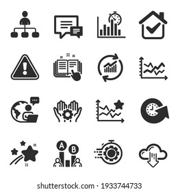Set von Technologie-Symbolen, wie Seo Timer, Cloud Download, Ranking Sterne Symbole. Technische Dokumentation, Diagramm, Managementzeichen. Berichtszeitgeber, Kommentar, Daten aktualisieren. Ab-Prüfung. Vektorgrafik