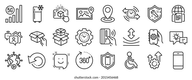 Set of Technology icons, such as Seo gear, Spanner, Resilience icons. Time management, Augmented reality, Smartphone signs. Disabled, 360 degrees, Timer. Work home, Location, 5g wifi. Vector