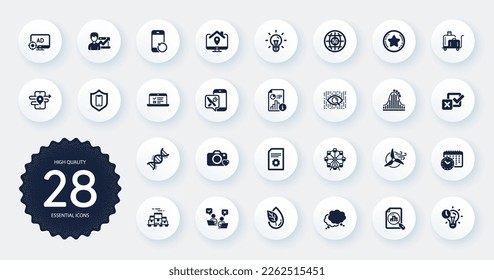 Set of Technology icons, such as Seo adblock, Checkbox and Food app flat icons. Analytics graph, Gps, Idea web elements. Ferris wheel, Speech bubble, Artificial intelligence signs. Vector