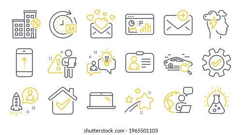 Set Of Technology Icons, Such As Service, Id Card, Chemistry Lab Symbols. Laptop, New Mail, Love Mail Signs. Search Car, Loan House, Seo Statistics. 24h Delivery, Mindfulness Stress, Idea. Vector