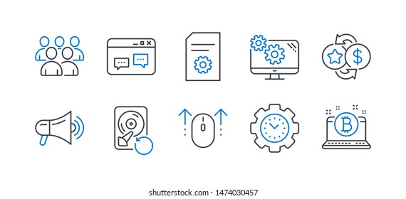 Set of Technology icons, such as Settings, File settings, Megaphone, Group, Browser window, Time management, Recovery hdd, Swipe up, Loyalty points, Bitcoin line icons. Line settings icon. Vector