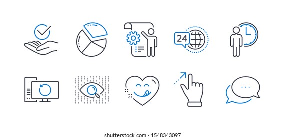 Set of Technology icons, such as Settings blueprint, 24h service, Artificial intelligence, Pie chart, Waiting, Approved, Recovery computer, Touchscreen gesture, Yummy smile, Dots message. Vector