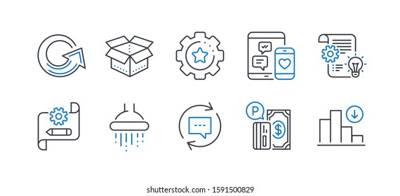 Set of Technology icons, such as Settings gear, Social media, Open box, Update comments, Reload, Parking payment, Cogwheel, Shower, Cogwheel blueprint, Decreasing graph line icons. Vector