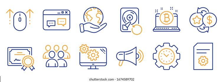 Set of Technology icons, such as Settings, File settings. Certificate, save planet. Megaphone, Group, Browser window. Time management, Recovery hdd, Swipe up. Vector