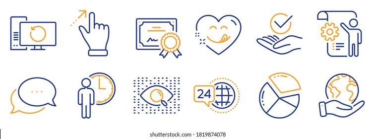 Set of Technology icons, such as Settings blueprint, 24h service. Certificate, save planet. Artificial intelligence, Pie chart, Waiting. Approved, Recovery computer, Touchscreen gesture. Vector