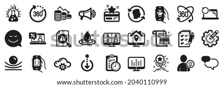 Set of Technology icons, such as Settings gear, Smile, Fuel energy icons. Loyalty points, Cloud computing, Exam time signs. Megaphone, Chat message, Search document. Music app, Baggage app. Vector