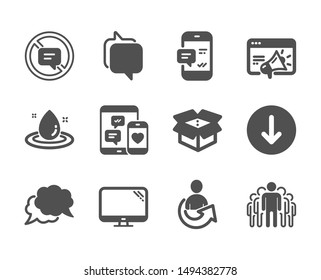 Set of Technology icons, such as Share, Stop talking, Smartphone notification, Chat message, Seo marketing, Open box, Fuel energy, Computer, Scroll down, Group, Social media, Messenger. Vector
