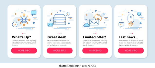 Set Of Technology Icons, Such As Share Mail, Logistics Network, Servers Symbols. Mobile App Mockup Banners. Scroll Down Line Icons. New E-mail, International Tracking, Big Data. Mouse Swipe. Vector