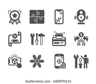 Set of Technology icons, such as Sharing economy, Repairman, Augmented reality, Smartphone broken, Puzzle, Spanner tool, Cogwheel blueprint, Seo phone, Snowflake, Loyalty award, Speaker. Vector