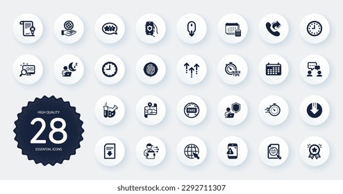 Set of Technology icons, such as Shield, Time and Share call flat icons. Warning message, Download file, Swipe up web elements. Analytics chart, Fake news, Safe planet signs. Fingerprint. Vector