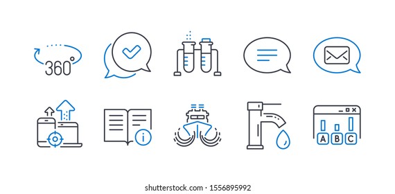 Set of Technology icons, such as Ship, 360 degrees, Tap water, Chemistry beaker, Messenger, Seo devices, Approved, Chat, Technical info, Survey results line icons. Line ship icon. Vector