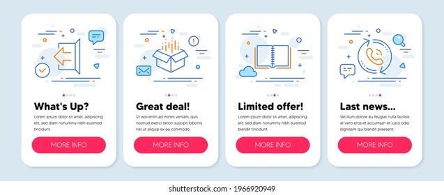 Set Of Technology Icons, Such As Sign Out, Book, Open Box Symbols. Mobile App Mockup Banners. Call Center Line Icons. Logout, E-learning Course, Delivery Package. Recall. Sign Out Icons. Vector