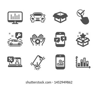 Set of Technology icons, such as Smartphone statistics, Smartphone broken, Diagram graph, Online loan, Checkbox, Phone survey, Car, Music making, Car service, Loyalty program, Open box. Vector