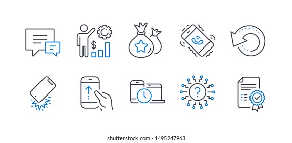 Set of Technology icons, such as Smartphone broken, Question mark, Time management, Loyalty points, Swipe up, Comment, Call center, Employees wealth, Recovery data, Certificate line icons. Vector