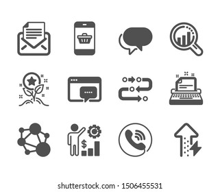 Set of Technology icons, such as Smartphone buying, Loyalty points, Integrity, Methodology, Talk bubble, Seo analysis, Typewriter, Call center, Energy growing, Mail correspondence. Vector