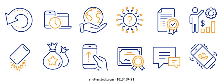 Set von Technologie-Symbolen, wie Smartphone gebrochen, Fragezeichen. Zertifikat, retten Sie unseren Planeten. Zeitmanagement, Treuepunkte, Verlängern Sie die Zeit. Kommentar, Call Center, Mitarbeitervermögen. Vektorgrafik