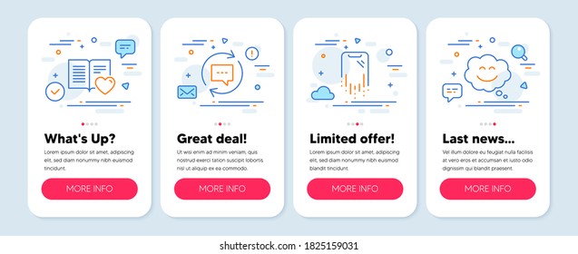 Set of Technology icons, such as Smartphone recovery, Update comments, Love book symbols. Mobile app mockup banners. Smile chat line icons. Phone repair, Chat speech bubble, Customer feedback. Vector