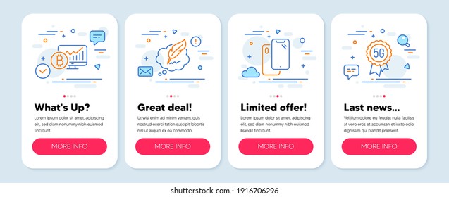 Juego de iconos de tecnología, como Smartphone, chat de derechos de autor, símbolos de gráficos de bitcoin. Banners de simulación de aplicaciones móviles. 5 g iconos de línea de tecnología. Teléfono, burbuja de voz, estadísticas de criptografía. Vector