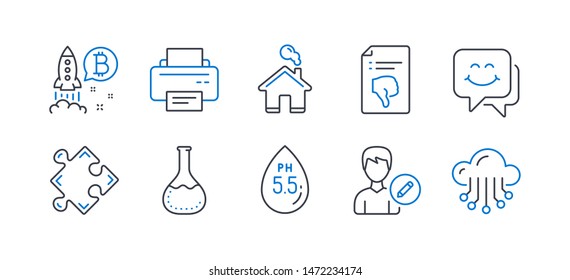Set of Technology icons, such as Smile face, Chemistry lab, Home, Ph neutral, Edit person, Strategy, Printer, Bitcoin project, Thumb down, Cloud storage line icons. Chat, Laboratory. Vector