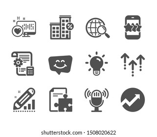 Set of Technology icons, such as Smile chat, Web search, Loan house, Audit, Swipe up, Edit statistics, Heart, Microphone, Star, Settings blueprint, Light bulb, Strategy classic icons. Vector