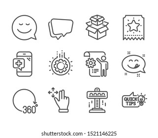 Set of Technology icons, such as Smile, Medical phone, Attraction, Move gesture, Gear, Yummy smile, Education idea, Packing boxes, 360 degrees, Loyalty ticket, Speech bubble line icons. Vector