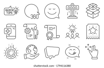 Juego de iconos de Tecnología, como Sonrisa, teléfono médico. Diploma, ideas, salvar el planeta. Atracción, movimiento gesto, marcha. Sonrisa alegre, idea educativa, cajitas de embalaje. Vector