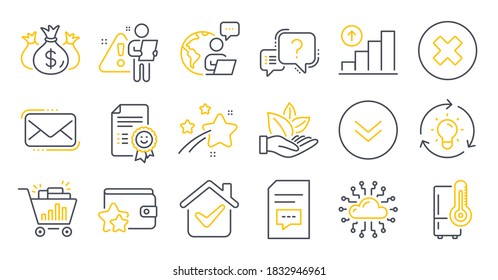 Juego de iconos de la tecnología, como Sonrisa, Refrigerador, símbolos de comentarios. Desplazarse hacia abajo, programa de lealtad, signos de Idea. Comprobar la inversión, red en la nube, marca de preguntas. Ver compras, gráfico de grafos. Vector