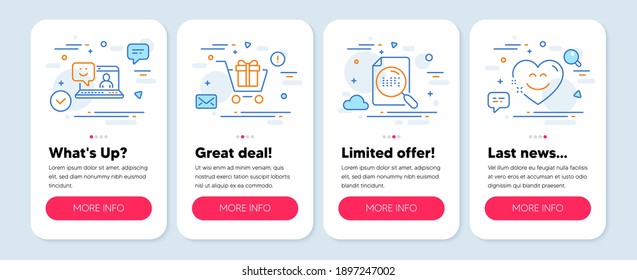 Set of Technology icons, such as Smile, Shopping cart, Search file symbols. Mobile screen banners. Smile chat line icons. Laptop feedback, Gift box, Find document. Heart face. Smile icons. Vector