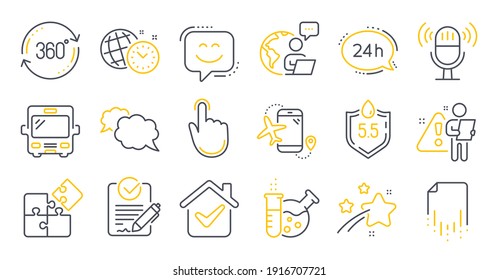 Set of Technology icons, such as Smile face, Microphone, Flights application symbols. 24h service, Recovery file, Rfp signs. Chemistry lab, Full rotation, Puzzle. Bus, Time management. Vector