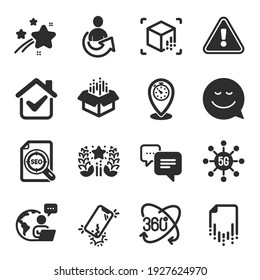 Set of Technology icons, such as Smile, Augmented reality, Dots message symbols. Share, Open box, Timer signs. Full rotation, 5g technology, Recovery file. Smartphone broken, Seo file. Vector