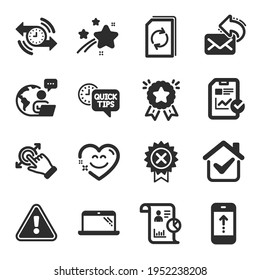 Set of Technology icons, such as Smile chat, Swipe up, Laptop symbols. Touchscreen gesture, Quick tips, Report checklist signs. Update document, Report, Timer. Reject medal, Share mail. Vector