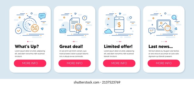 Set of Technology icons, such as Smile, 5g internet, Smartphone payment symbols. Mobile screen mockup banners. Search photo line icons. Certificate, Fast transmission, Mobile pay. Find image. Vector