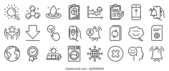Set of Technology icons, such as Solar panels, Close button, Chemistry molecule icons. Notification bell, Swipe up, Update document signs. Alarm clock, Washing machine, Downloading. Report. Vector