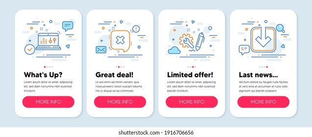 Set of Technology icons, such as Sound check, Reject, Engineering symbols. Mobile app mockup banners. Load document line icons. Dj controller, Delete message, Construction. Download arrowhead. Vector