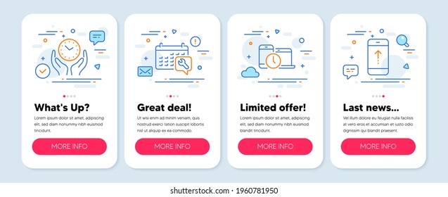 Set of Technology icons, such as Spanner, Time management, Safe time symbols. Mobile screen banners. Swipe up line icons. Repair service, Laptop device, Hold clock. Scrolling screen. Vector