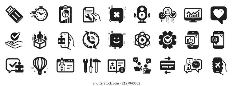 Juego de iconos de la tecnología, como el altavoz, el móvil como, íconos del rompecabezas. Globo de aire, CogWheel, Señales de flash Usb. Como, teléfono de 5g, Timer. Herramienta Spanner, Realidad aumentada, Aprobada. Corazón, Atom. Vector