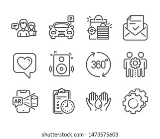 Set of Technology icons, such as Speakers, Safe water, Augmented reality, Heart, Exam time, Parking, Approved mail, People talking, Employees teamwork, Settings gears, 360 degrees. Vector