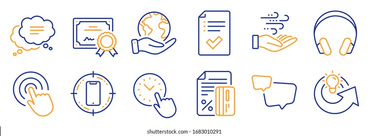 Set of Technology icons, such as Speech bubble, Wind energy. Certificate, save planet. Headphones, Time management, Click. Credit card, Text message, Approved checklist. Vector