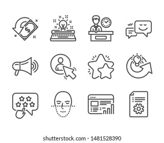 Set of Technology icons, such as Star, Happy emotion, Share idea, Technical documentation, Megaphone, User, Ranking star, Web report, Typewriter, Presentation time, Face recognition. Star icon. Vector