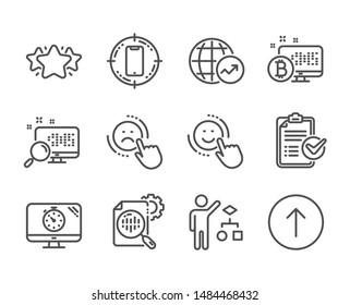 Set of Technology icons, such as Star, Seo timer, Smile, Seo stats, Survey checklist, Smartphone target, Swipe up, World statistics, Algorithm, Bitcoin system, Dislike, Search line icons. Vector