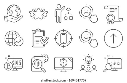 Set of Technology icons, such as Star, Seo timer. Diploma, ideas, save planet. Smile, Seo stats, Survey checklist. Smartphone target, Swipe up, World statistics. Vector