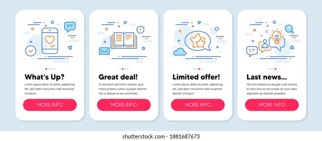 Set of Technology icons, such as Star, Love chat, Education symbols. Mobile app mockup banners. Idea line icons. Favorite, Smartphone, Instruction book. Solution. Star icons. Vector