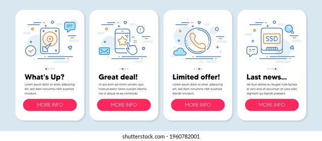 Set of Technology icons, such as Star rating, Hdd, Call center symbols. Mobile app mockup banners. Ssd line icons. Phone feedback, Hard disk, Phone support. Memory disk. Star rating icons. Vector