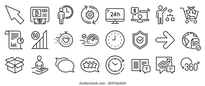 Set von Technologie-Symbolen, wie z. B. Sterne, Cross-Selling, Genehmigte Schildsymbole. Wartezeiten, Online-Shopping, Buchungszeichen. Online-Abstimmung, Timer, 5g WLAN. Vollständige Rotation, Bericht, Zeitänderung. Vektorgrafik